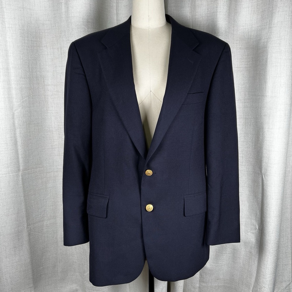 Vintage Chaps Ralph Lauren Blazer Mens 43R Blue Navy Gold Buttons Wool FLAWED‎